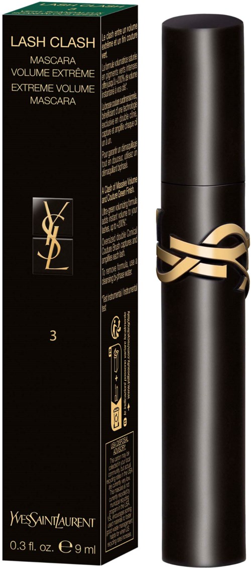 A black cylindrical bottle and box with gold and white text, branding Yves Saint Laurent for mascara.