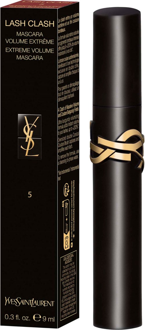 Yves Saint Laurent mascara i svart rör med guldaccenter, bredvid sin svarta förpackningslåda.
