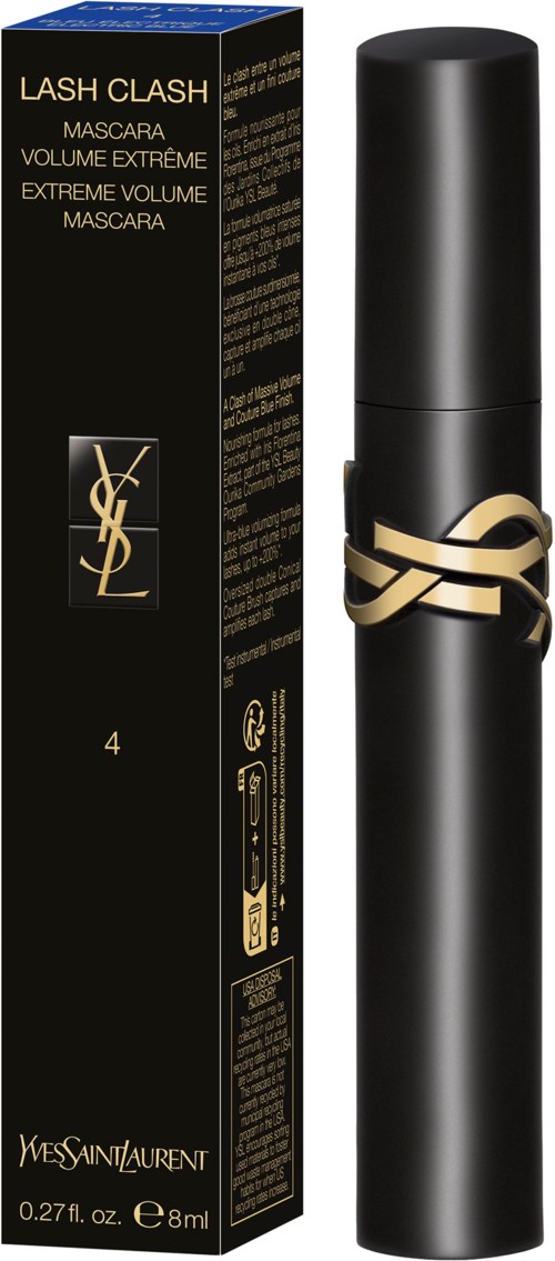 Zwarte Yves Saint Laurent mascara-verpakking met gouden logo en zwarte doos met goud- en witte tekst.