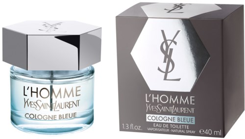 En parfyme flaske og eske for Yves Saint Laurent L'Homme Cologne Blue, med sølvhette og blå væske, og merkenavn.