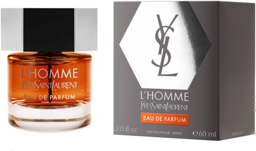 En parfynflaska och en box för Yves Saint Laurents L'Homme Eau de Parfum visas sida vid sida.