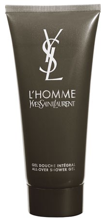 Det här är en grå tub med Yves Saint Laurent L'Homme duschgel, all-over duschgel med enkel design och logga.