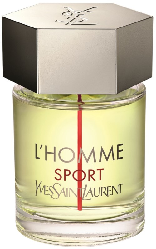 En parfymflaska märkt L'HOMME SPORT av Yves Saint Laurent med en metallock och ljus gul vätska inuti.