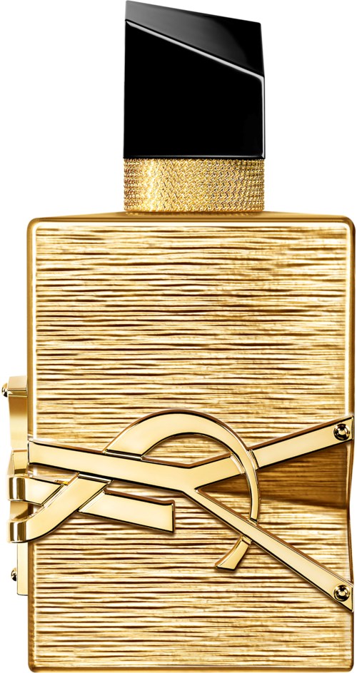 En lyxig parfymflaska i guld och svart från Yves Saint Laurent med ett texturerat guldkartong och en slank svart kork.