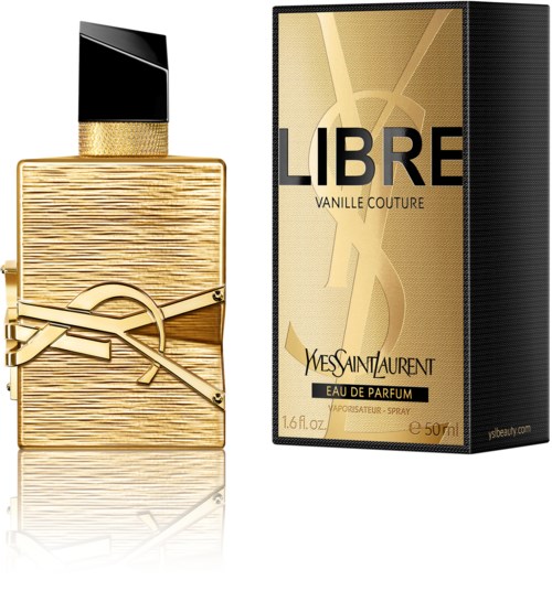 Gullfärgat Yves Saint Laurent Libre Vanille Couture-parfymflaska med svart lock, bredvid dess box med guld- och svartdesign.