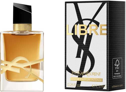 Butelka perfum i pudełko z logo YSL, złoty kolor i napis Libre. Eleganckie i stylowe opakowanie.