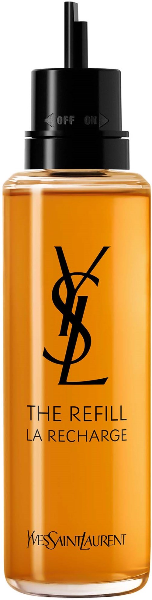 Een YSL foundationfles met een zwarte pomp en oranje vloeistof, gelabeld "The Refill LA Recharge" van Yves Saint Laurent.