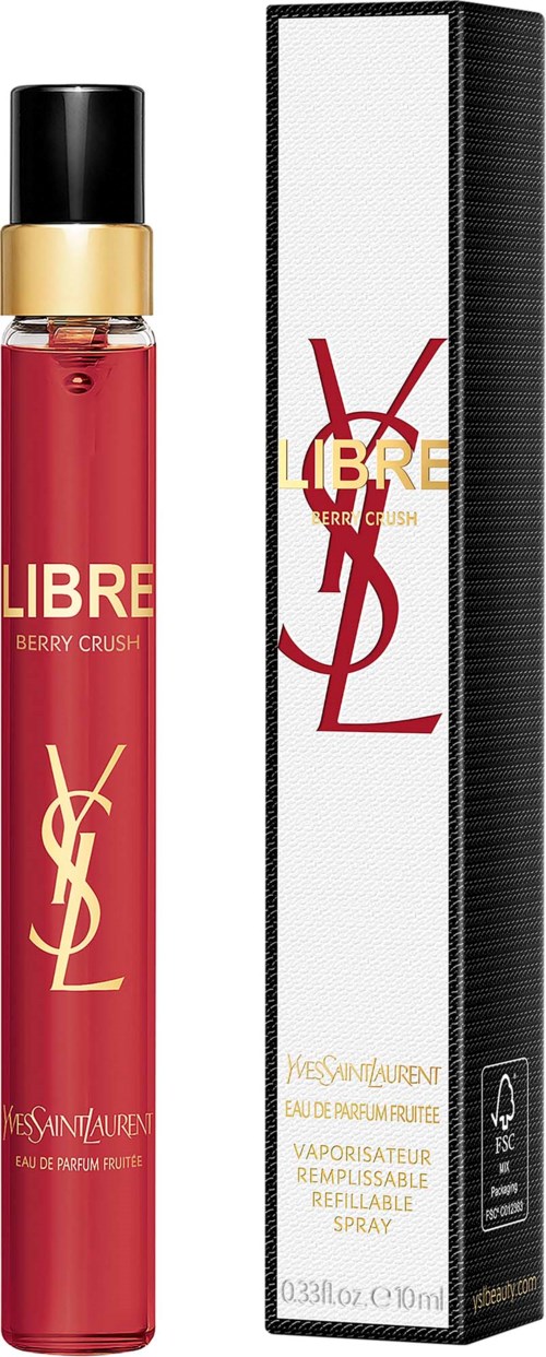 Rode parfum sprays fles met zwarte dop en Saint Laurent-doos, voorzien van Yves Saint Laurent-logo en 'Libre Berry Crush'.