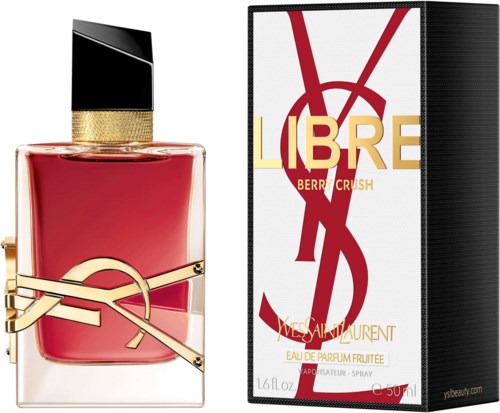 Een fles Yves Saint Laurent Libre parfum naast de doos, met rood en goud ontwerp, met naam en info.