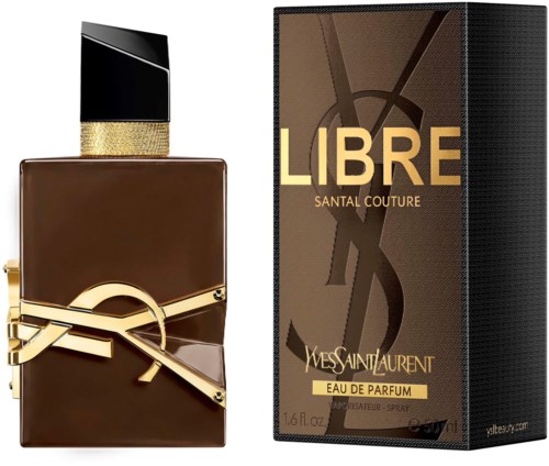 En flaska Yves Saint Laurent Libre-parfym bredvid dess svarta och guldiga förpackningslåda.