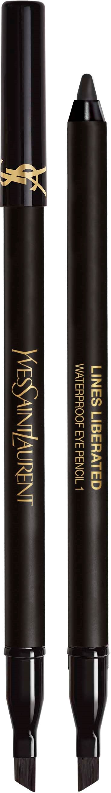 Two black Yves Saint Laurent makeup pencils, one with a cap, are displayed vertically.