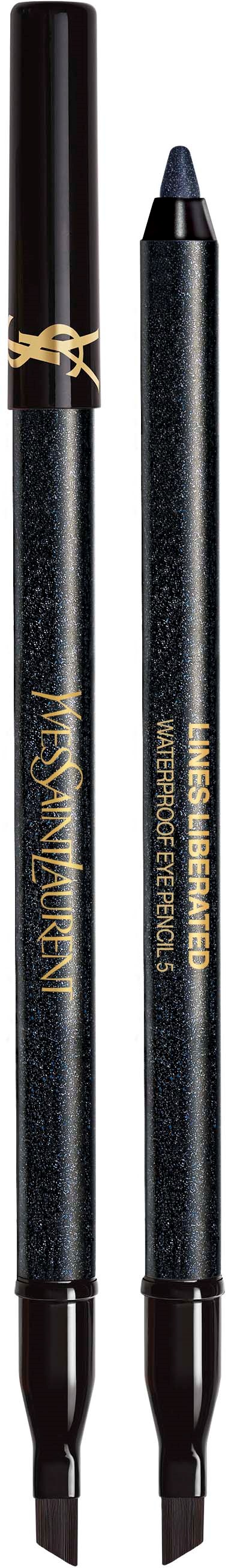 Kaksi mustaa eyeliner-kynää, joissa on kultainen logo, toinen kärki terävä, suorassa asennossa mustalla taustalla.