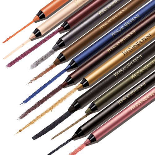 Makeup pencils in various colors with swatches showing the shades and details of each pencil.