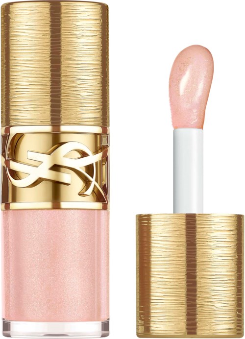 A makeup highlighter or gloss with a gold cap, and a small stick with pinkish cream inside.