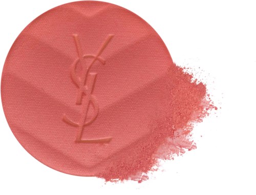 Roze Yves Saint Laurent poeder met los poeder uitgestrooid, met logo op de verpakking.