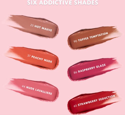 Sex läppstiftsnyanser med namn: Hot Mauve, Toffee Temptation, Peachy Nude, Raspberry Glaze, Nude Lavalliere och Strawberry Seduction.