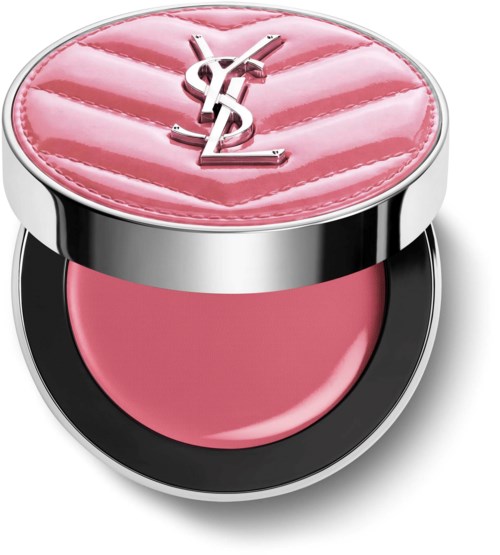 Rosa bronser med YSL-logga och rouge inuti. Glänsande silverkant runt kompaktet.