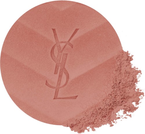 Röd makeup-puder med YSL-logotypen, suddig i ena kanten, ser ut som en cirkel.