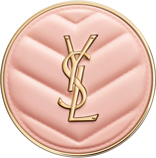En rund make-upkompakt med rosa quiltad yta och guldigt Yves Saint Laurent-logotyp.