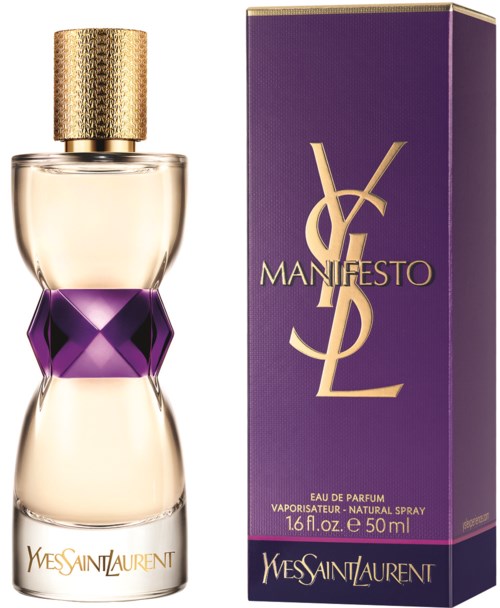 En parfymeflaske og eske merket Yves Saint Laurent Manifesto, med lilla og gullfarger, elegant design.