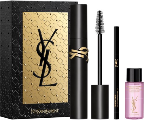Yves Saint Laurent sminkesett med mascara, eyeliner og rosa neglelakk.