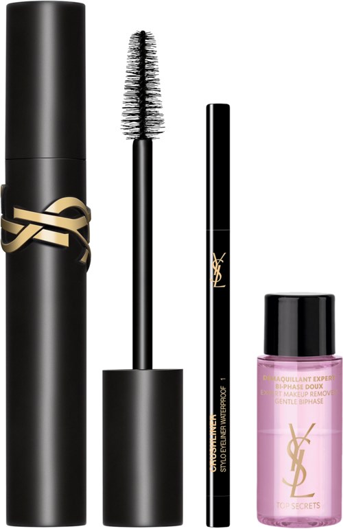 En YSL mascara, eyeliner og en liten rosa flaske med Yves Saint Laurent sminkeprodukt. Elementene er stilige og elegante.