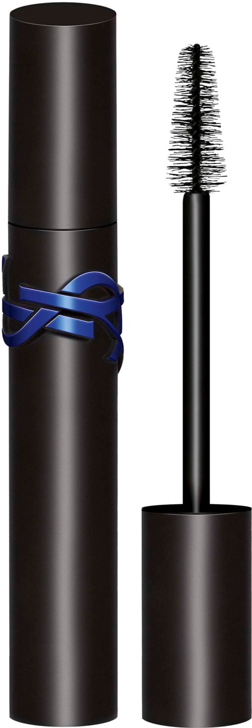 Black mascara tube with a blue ribbon, wand with bristles, ready for makeup application.