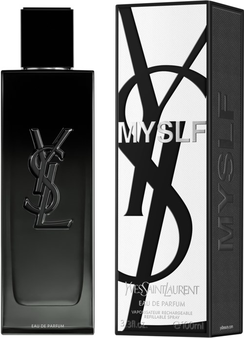 A black perfume bottle with Yves Saint Laurent YSL logo and a box with YSL branding, black and white design.