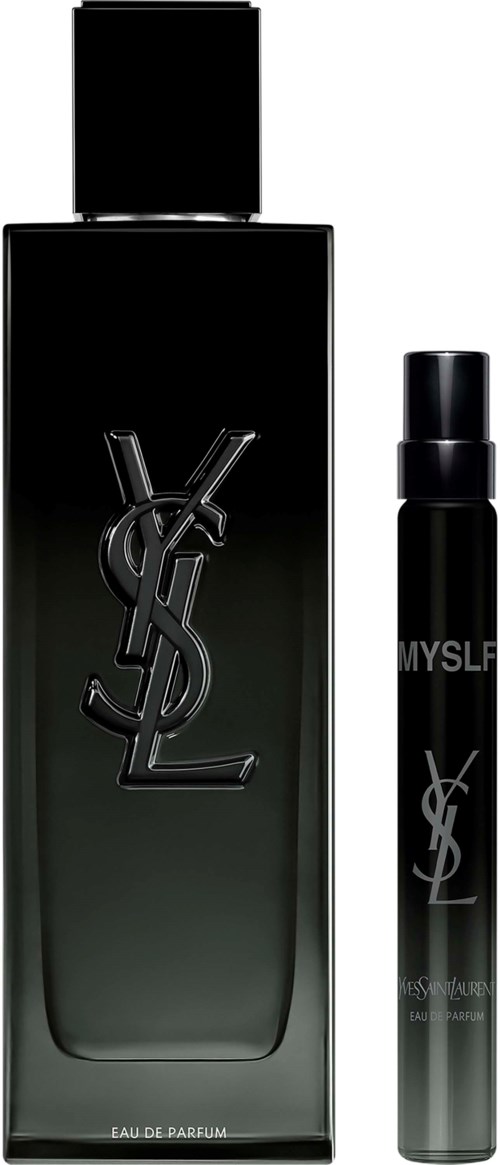 Eine große Yves Saint Laurent Parfümflasche und eine kleinere Sprühflasche sind zu sehen, beide schwarz mit Logos.