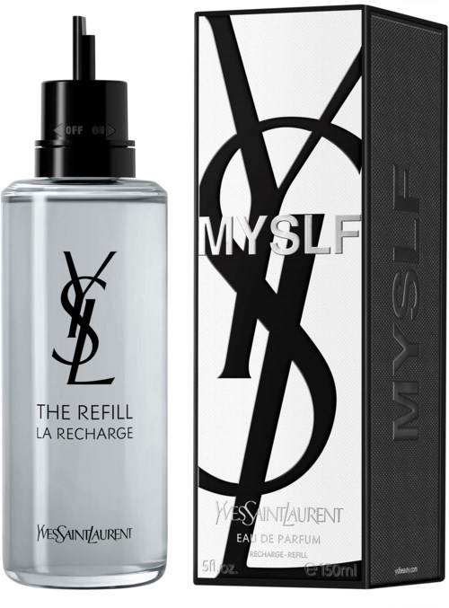 En parfyllåda och flaska med Yves Saint Laurent-logga och märkning, kallad The Refill La Recharge.