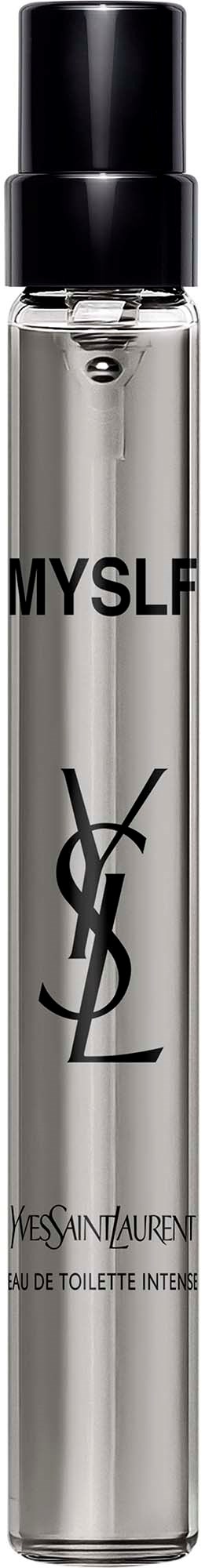 Ein langer, klarer Parfümspray mit schwarzem Deckel und Yves Saint Laurent-Logo.