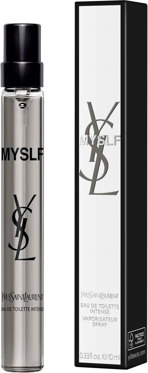 Ein Parfüfflasche mit der Aufschrift MYSLF und eine Schachtel in Schwarz und Silber sind zu sehen.