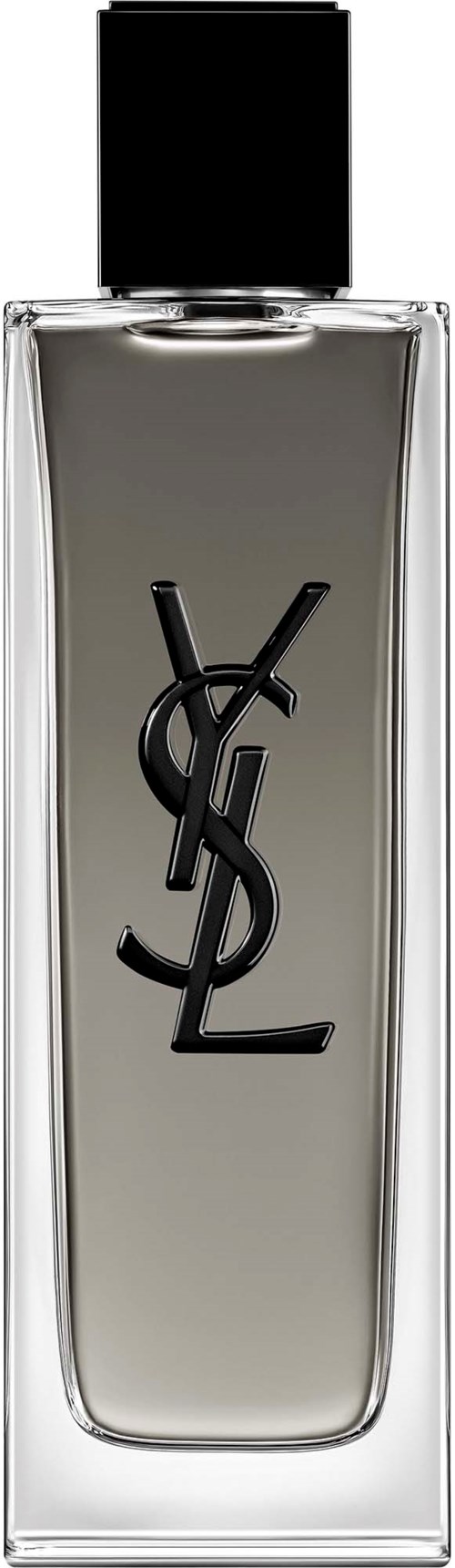 Eine lange, klare Parfümflasche mit schwarzem Deckel und YSL-Logo auf der Vorderseite.