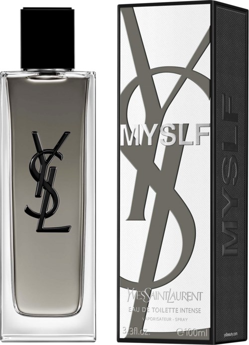 Ein Parfümflasche und Verpackung mit Yves Saint Laurent und MYSELF Branding, schlankes Schwarz-Weiß-Design und große Buchstaben.