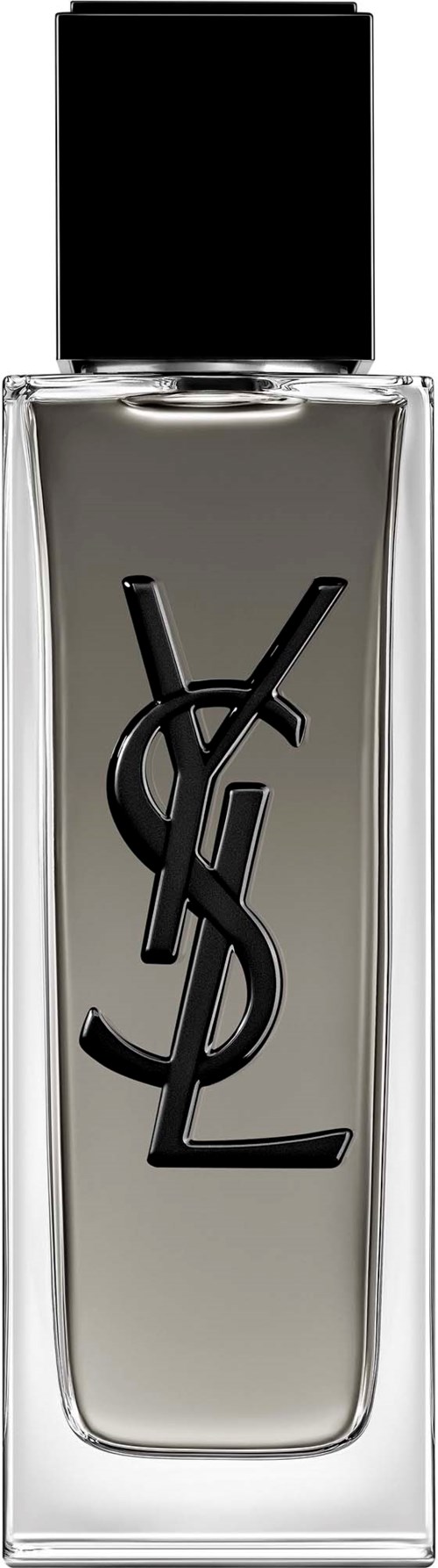 Eine lange klare Flasche mit schwarzem Deckel und YSL-Logo auf der Vorderseite. Es scheint einen dunklen Duft zu enthalten.