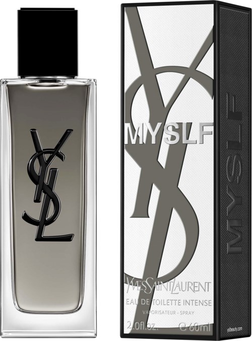 Ein Parfüfflasche mit Saint Laurent Logo und einer stilvollen Verpackung mit Text MY SLF für Yves Saint Laurent Duft.