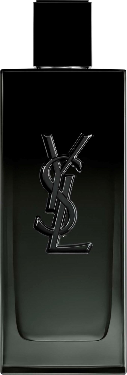 Mustavalkoinen pullo, jossa Yves Saint Laurent -logo edessä, korkki yläosassa, tyylikäs muotoilu.