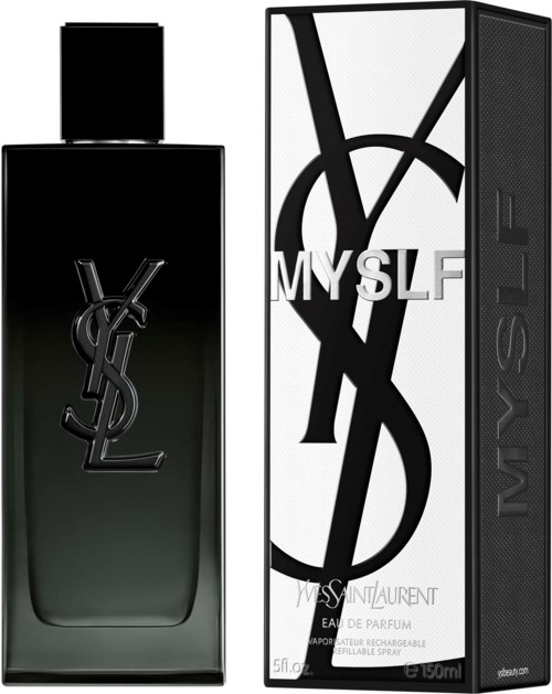 Musta YSL-hajuvesipullo ja sen laatikko, joissa on suuret YSL ja MYSELF kirjaimet.