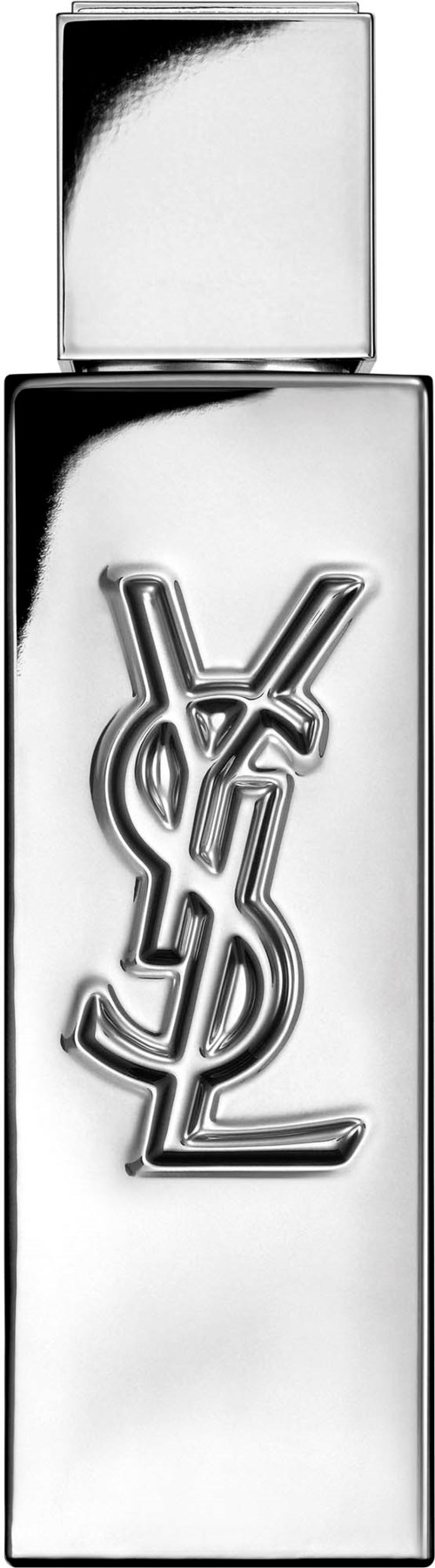 Kiiltävä hopeanhohtoinen Yves Saint Laurent huulipunasetti, jossa on logo.
