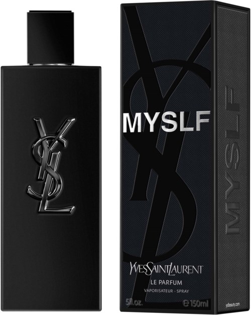 Yves Saint Laurent MYSLF parfymflaska och förpackning i svart, Elegant design med YSL-logga och vitt text.