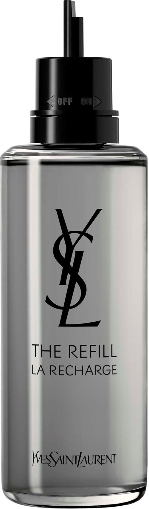 Läpinäkyvä pullo mustalla kansivälisin ja suihkuhuulilla, merkitty Yves Saint Laurent, The Refill La Recharge.