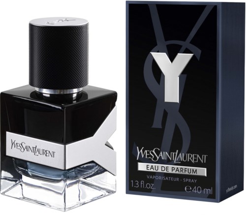 Parfyyttipullo, jossa on musta ja valkoinen muotoilu, ja sen vieressä Yves Saint Laurent -logo ja teksti.