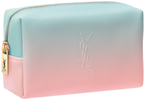 En pastelfarget kosmetikkbag med gradient fra rosa til blå, og et YSL-logo preget på forsiden.