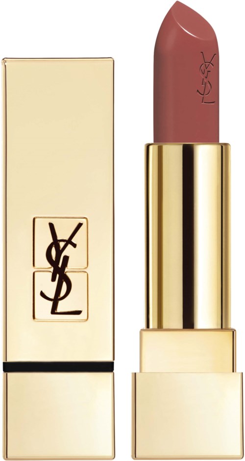 A YSL lipstick in a gold case with a pinkish shade. The box features the YSL logo. Elegant and stylish design.