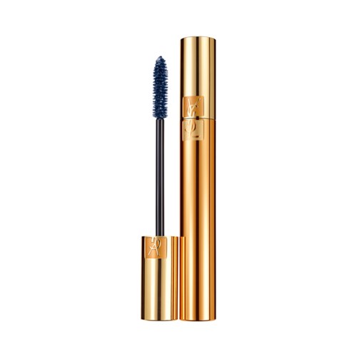 A gold mascara tube with the brush applicator attached, standing upright.