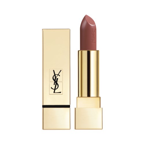 Det här är ett YSL-läppstift i ett beige och guld förpackning, med en rosa nyans. Det står upprätt med locket.