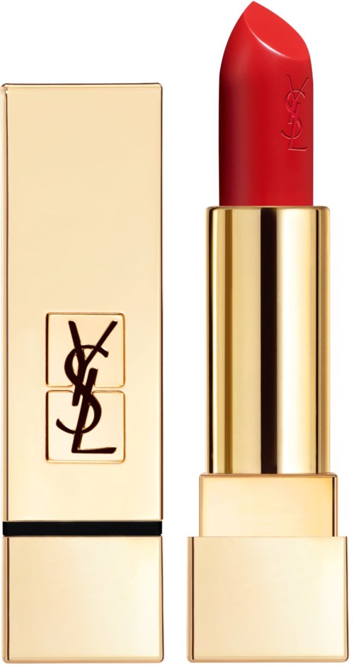 En röd läppstift i ett guldfall bredvid en guldfärgad YSL-box.