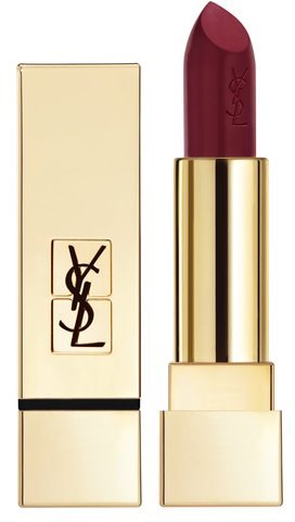 En läppstift med ett guld- och krämfärgat skal, visar en djupröd färg och Yves Saint Laurent-logga.