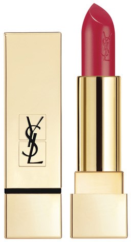 En röd läppstift i ett guldfodral bredvid en vit box med svart YSL-logga.