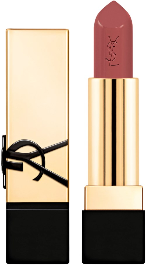 YSL- huulipuna, jossa kultainen putki, auki ja paljastaa vaaleanpunaisen huulipunan, vieressä samankaltainen kultainen ja musta kotelo.
